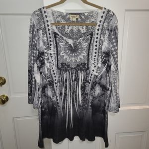 One World printed knit 3/4 sleeve embellished top